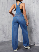 Womens Overalls Denim Straight Plain Washed Blue Jeans Overall Loose Fit Jean Jumpsuits Adjustable Straps