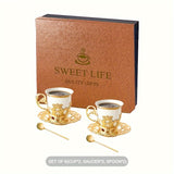 Sakura Train Set, Turkish Arabic Coffee Cups And Saucers, Espresso Cups With Saucer Plates And Spoons, Ceramic Tea Sets With Gift Box, 2.8 OZ (Golden)