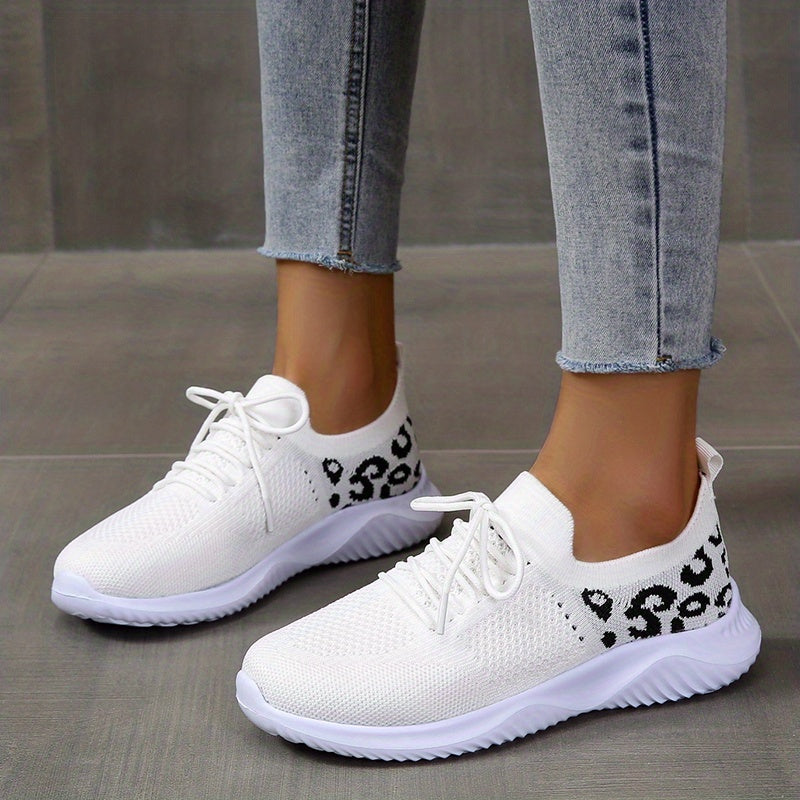 Women's Leopard Knit Sports Shoes, Breathable Lace Up Low Top Running Shoes, Casual Walking Tennis Sneakers