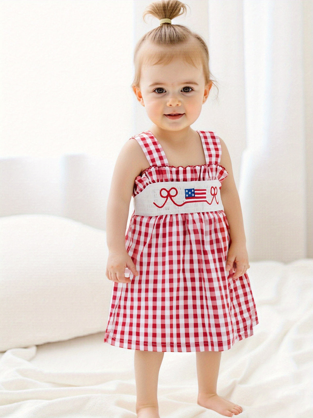 [Patriotic Girls' Dress] Patriotic Red White & Blue Girls' A-Line Dress | Machine Washable, Nontransparent Fabric, Flag Bow Embroidery - Summer Beach Party Outfit, Casual Playwear, Little Girls Clothes