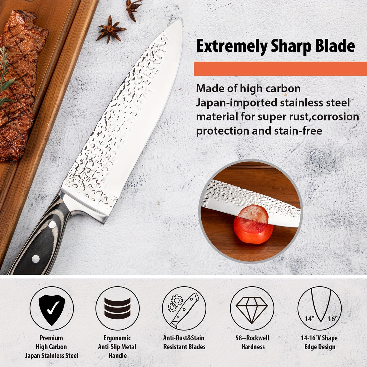 15-Piece Premium Kitchen Knife Set - Ultra Sharp High Carbon Japanese Stainless Steel Full-Tang Design with Irregular Hammer Pattern and Wooden Block Storage - Durable, Rust-Resistant, and Easy to Clean