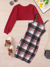 Trendy Girl's 2pcs, Plaid Pattern Sundress & Crop Sweatshirt Set, Casual Outfits, Kids Clothes For Spring Autumn