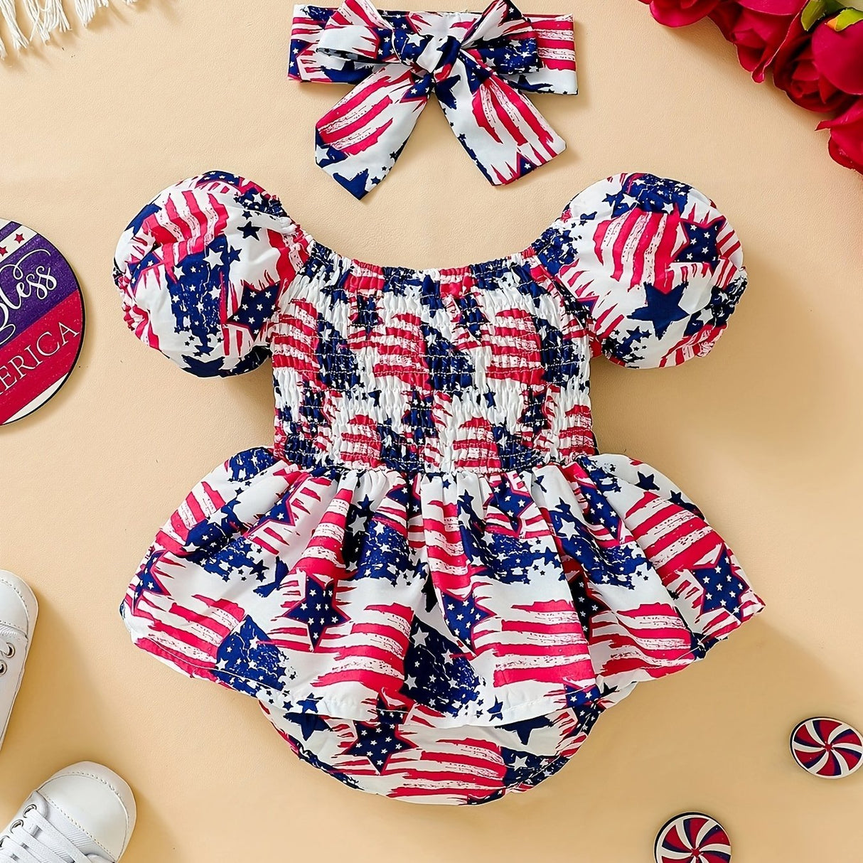 Baby Girl My 1st 4th of July Outfits, Baby Girl American Flag Print Romper 4th of July Baby Girl Outfits