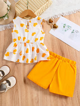 Girls Casual Trendy Cute Heart Graphic Sleeveless Peplum Top & Shorts Set For Summer Holiday Party Kids Clothes