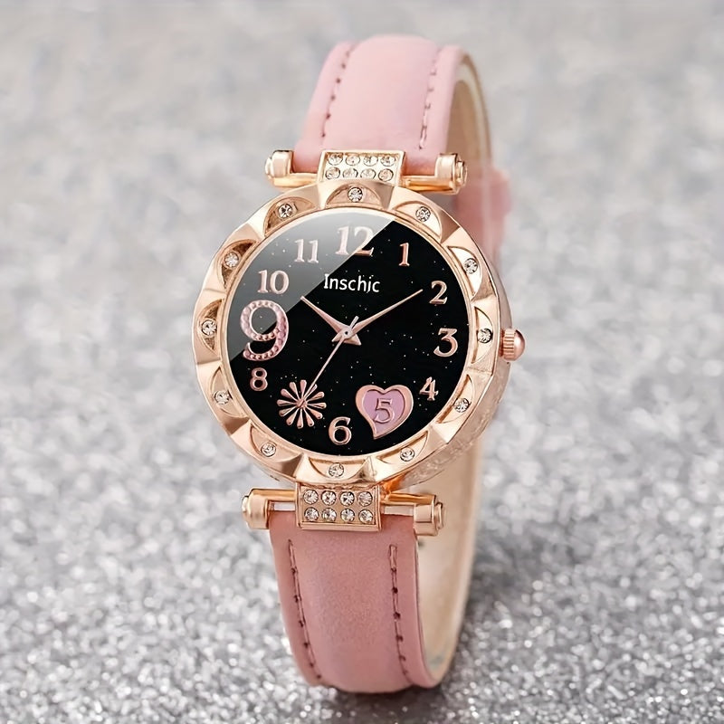 2pcs/set Women's Chic Quartz Heart-Shaped Watches and Sparkling Star Bracelet Set - an Elegant Gift For Her, The Perfect Choice For Valentine's Day