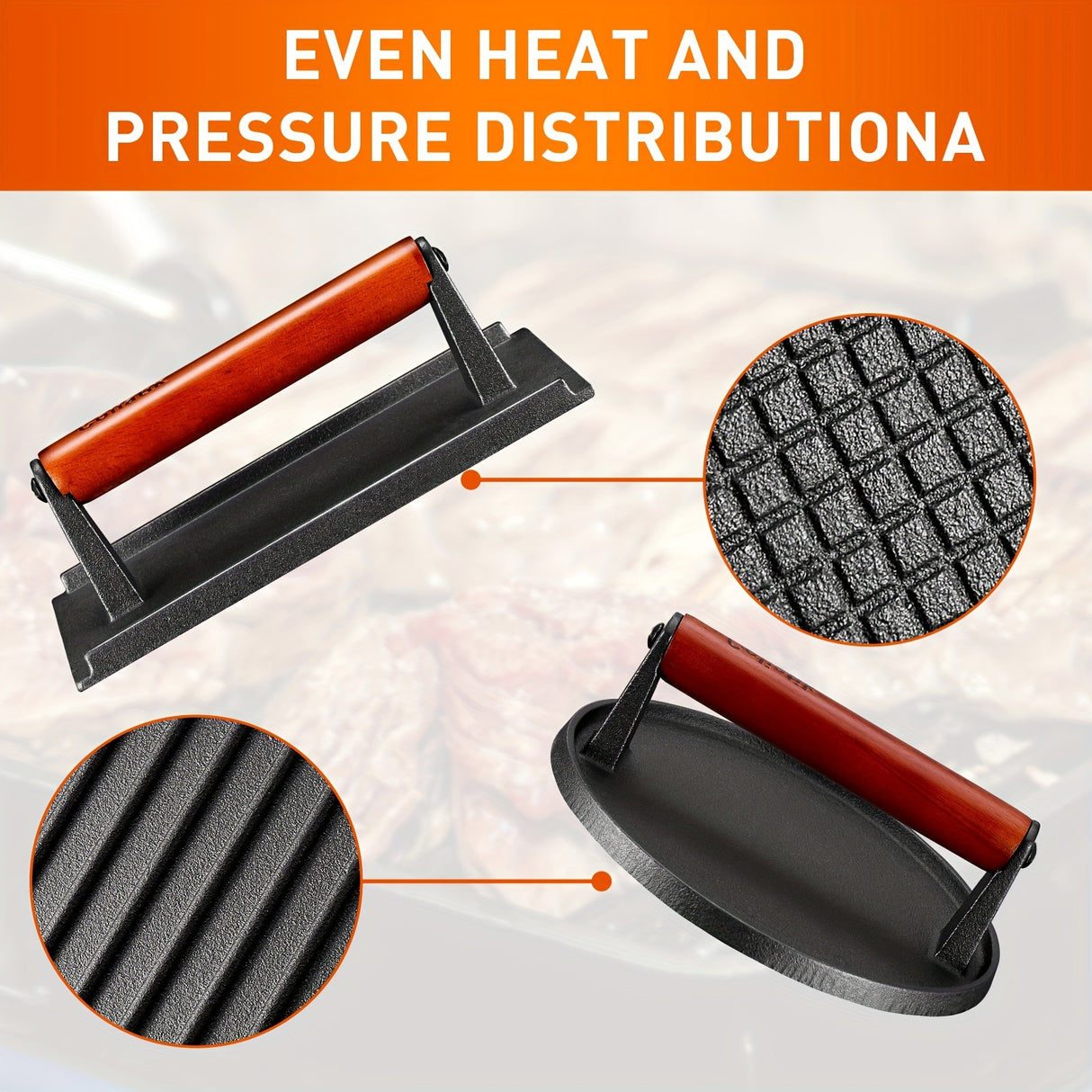 Heavy-Duty Cast Iron Burger Press Kit 7.08" Round & 8.3"X4.3"Rectangle Smash Presses with Wooden Handle-Perfect for Griddle, Grill, and Sandwich Cooking