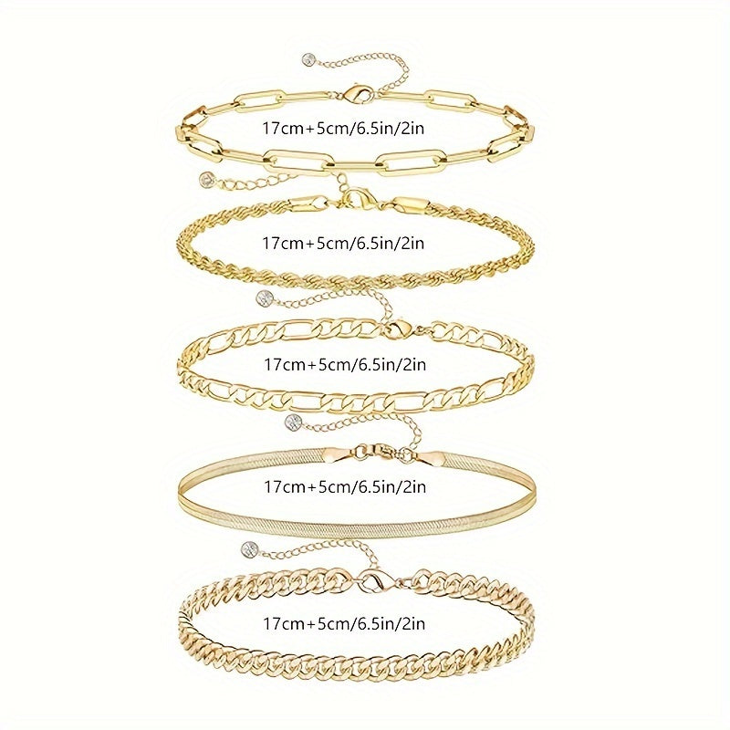5pcs 14k Golden Plated Bracelets For Women, Cute Tennis Beaded Bracelets Exquisite Stainless Steel Jewelry For Women