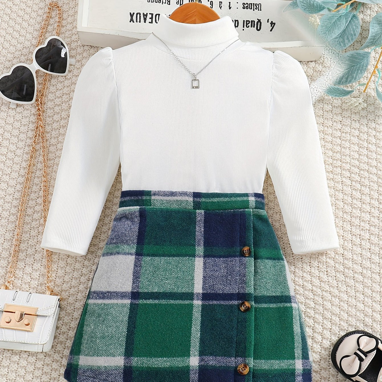 Girl's Elegant 2pcs, Ribbed Long Sleeve Top & Skirt Set, Button Decor Plaid Print Casual Outfits, Kids Clothes For Spring Autumn