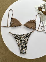 New Women's Leopard Print Lace Up Pearl Button Bikini Two-piece Beach Vacation Sexy Swimsuit for Women
