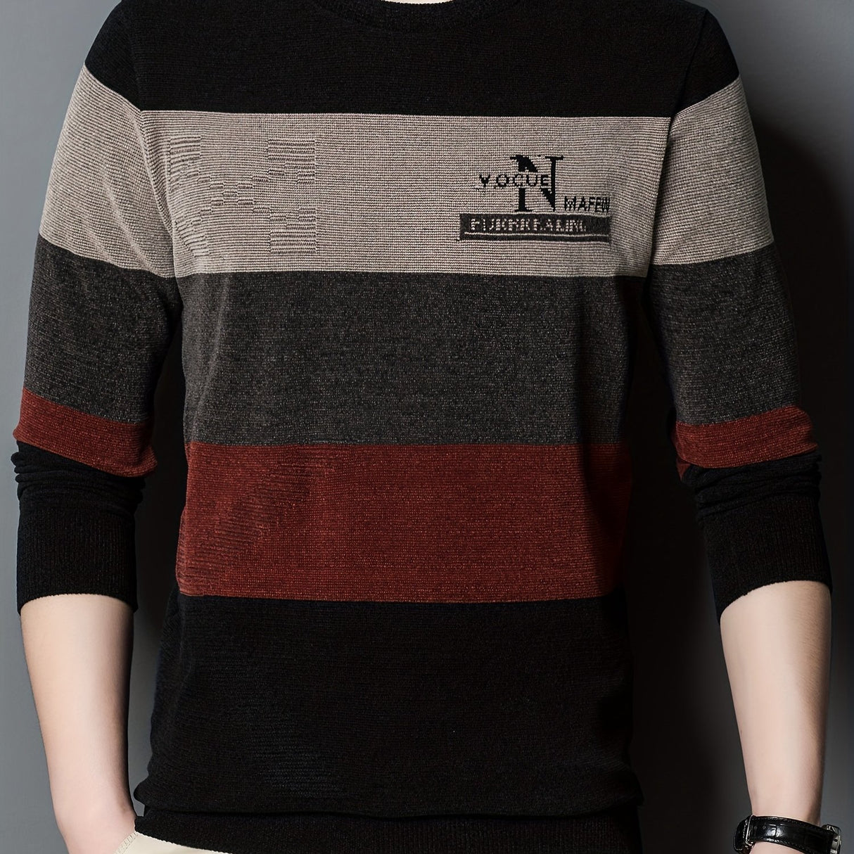 All Match Knitted Color Block Sweater, Men's Casual Warm High Stretch Crew Neck Pullover Sweater For Men Fall Winter