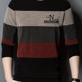 All Match Knitted Color Block Sweater, Men's Casual Warm High Stretch Crew Neck Pullover Sweater For Men Fall Winter