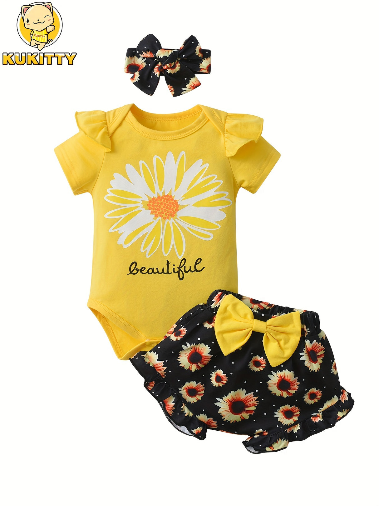 KuKitty Baby Girl Clothes Summer Ruffle Sleeve Sunflower Print Romper Floral Shorts Headband, Infant Girls 3pcs Outfits Set, for Outdoor