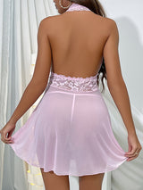 Elegant V-Neck Lace Halter Sleep Dress for Women - Sexy, Semi-Sheer Straight Skirt Nightgown with Micro Elasticity, Perfect for All Seasons