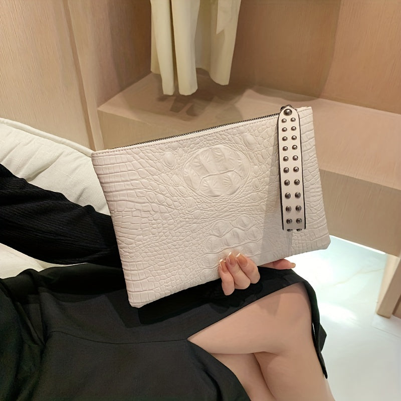 Crocodile Pattern Square Clutch Bag - Zipper Closure, Fixed Shoulder Straps, Animal Print PU Handbag with Polyester Lining and Wristlet - Fashionable Studded Decor for Women
