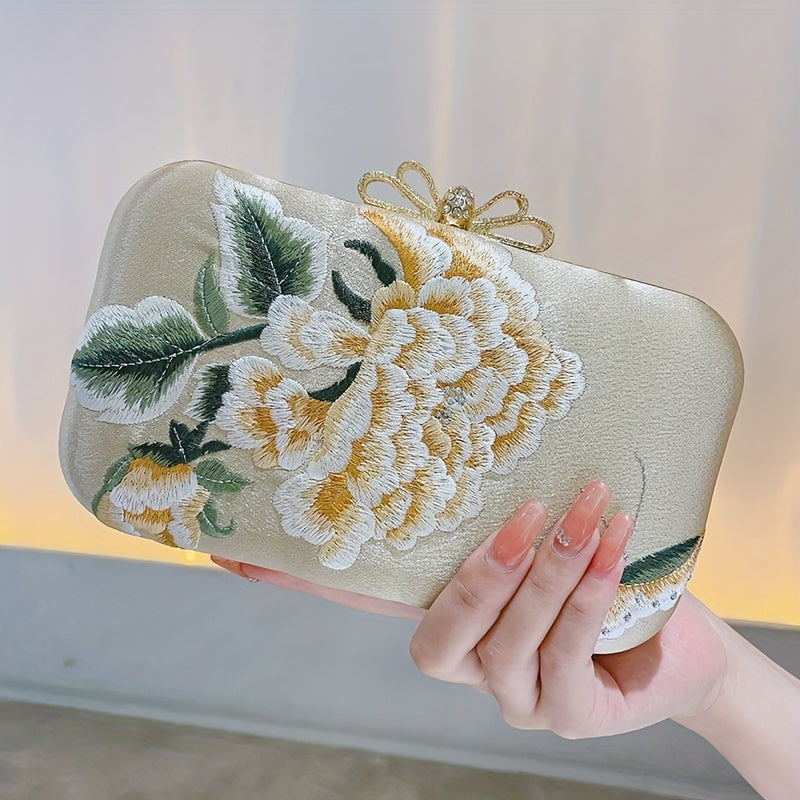 Flower Embroidery Pearl Chain Clutch Bag, Elegent Textured Metal Frame Bag, Classic Celebrity Dinner Evening Bag