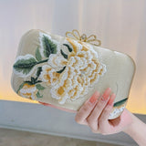 Flower Embroidery Pearl Chain Clutch Bag, Elegent Textured Metal Frame Bag, Classic Celebrity Dinner Evening Bag