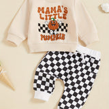 Toddler Boys Halloween Outfits Pumpkin Letter Print Long Sleeve Sweatshirts Checkerboard Long Pants 2Pcs Fall Clothes Set