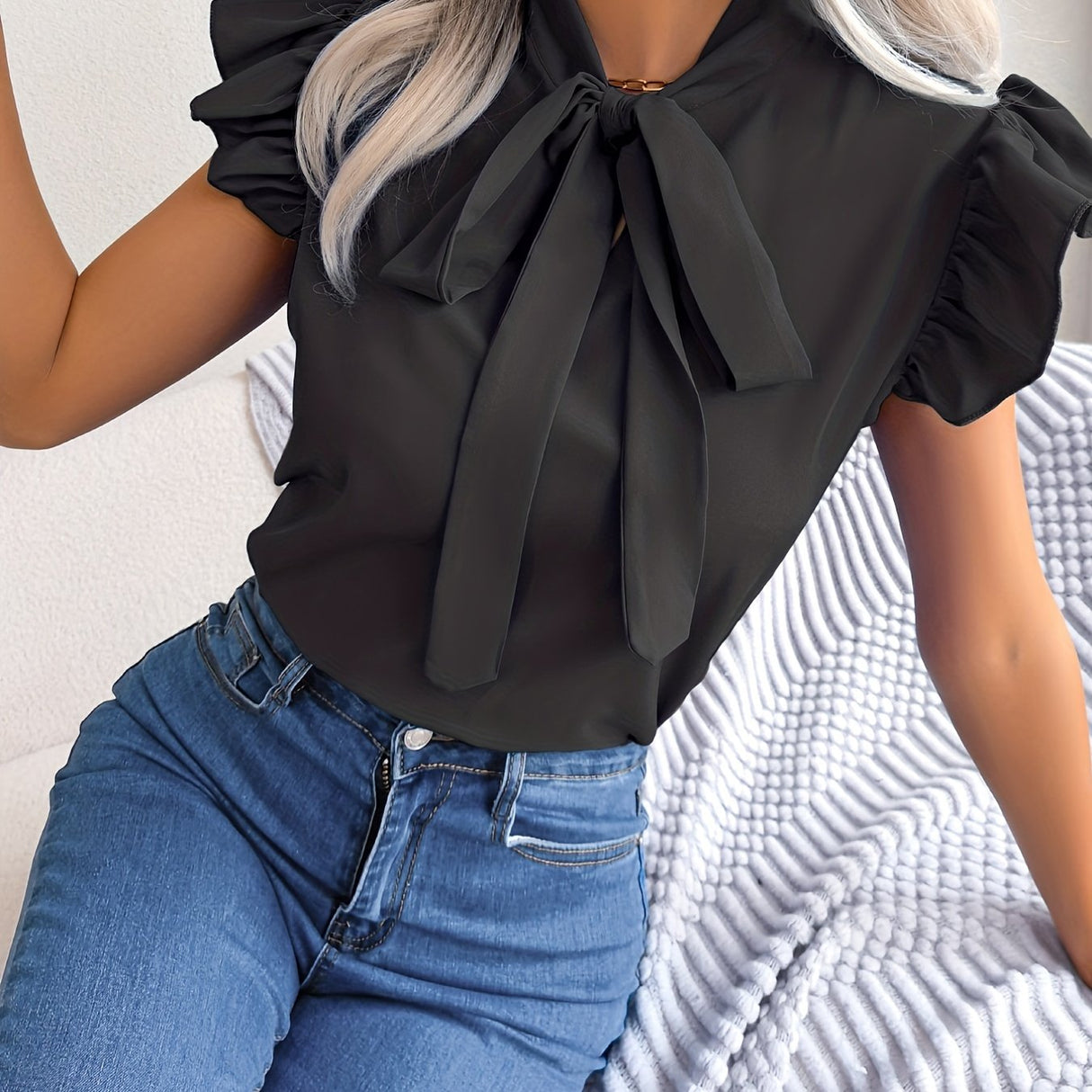 Bow Tie Flutter Sleeve Blouse, Elegant Sleeveless Solid Ruffle Trim Blouse, Women's Clothing Wedding holiday vacation