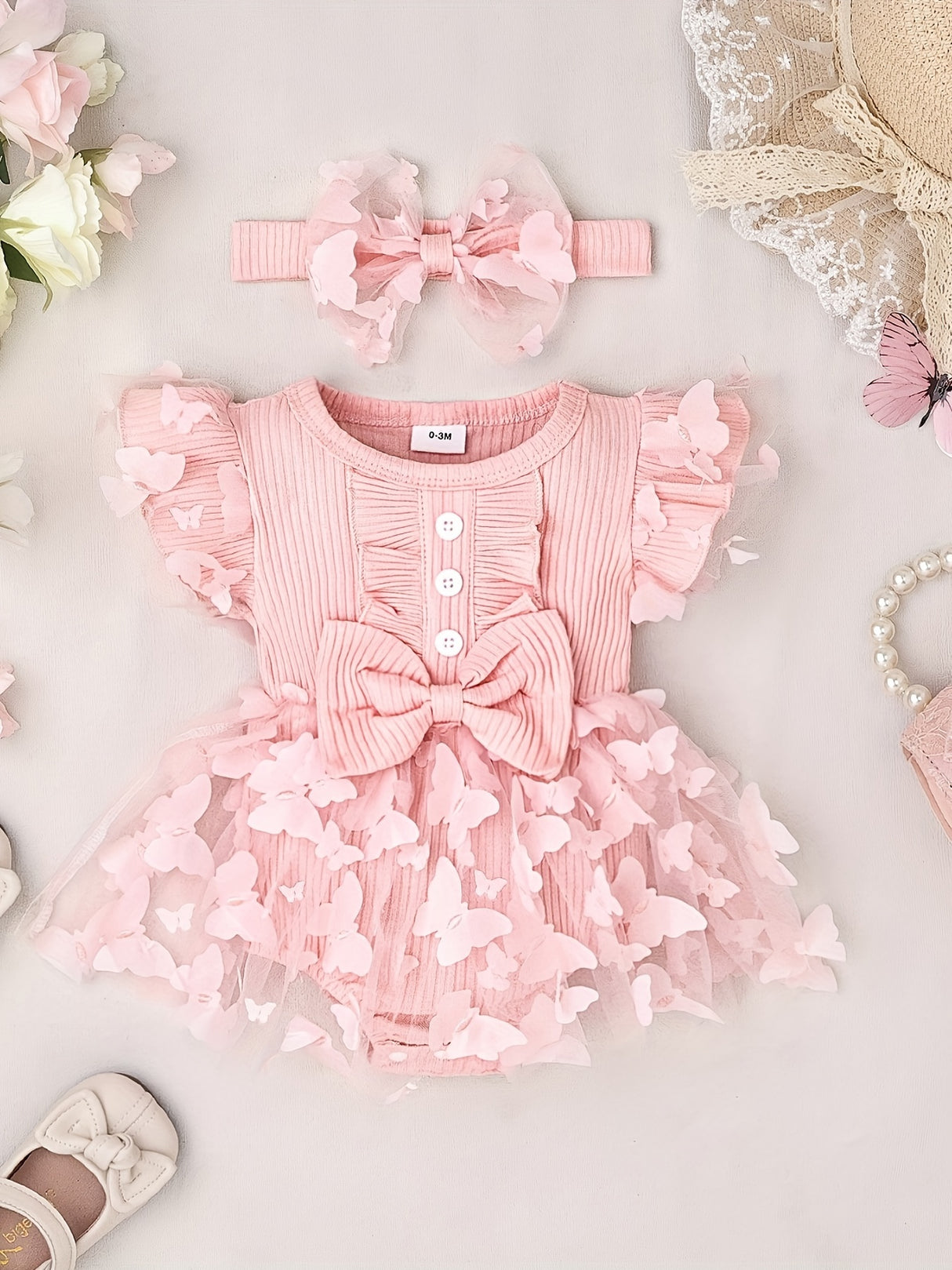 Baby Girl Clothes Cap Sleeve Butterfly Applique Romper Dress+Headband