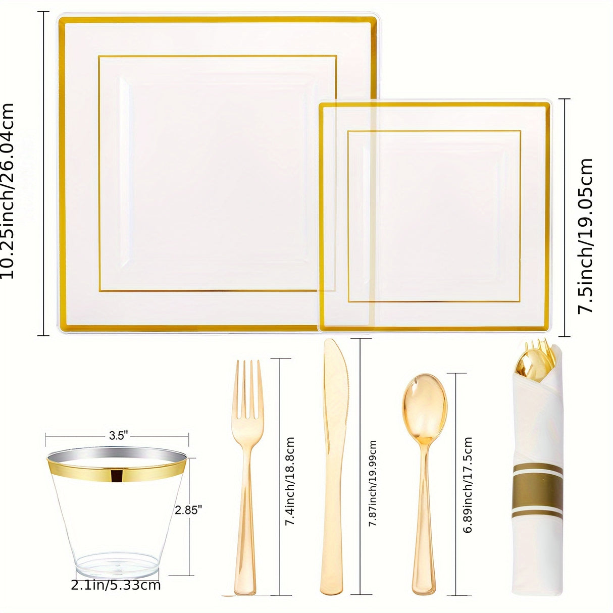 175 PCS Clear Gold Plastic Plates, Gold Plastic Dinnerware Sets Includes: 25 Dinner Plates, 25 Salad Plates, 25 Pre Rolled Napkins with Gold silverware, 25 Cups 9 OZ, Perfect for Wedding and Party (gold/rose gold), Hand washa