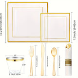 175 PCS Clear Gold Plastic Plates, Gold Plastic Dinnerware Sets Includes: 25 Dinner Plates, 25 Salad Plates, 25 Pre Rolled Napkins with Gold silverware, 25 Cups 9 OZ, Perfect for Wedding and Party (gold/rose gold), Hand washa