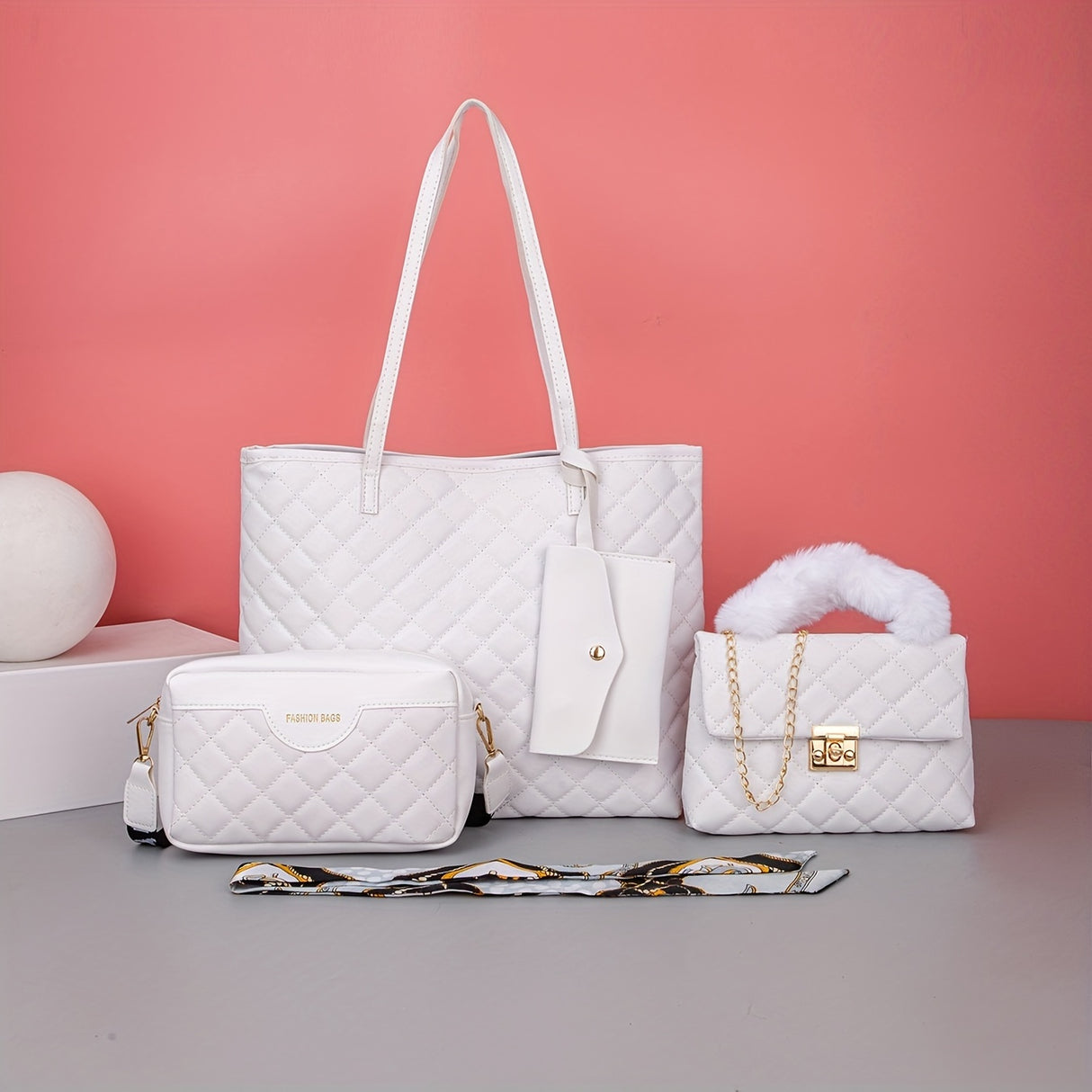 Quilted Detail Tote Bag Set: Classic Shoulder Chain Bag, Crossbody Purse with Scarf Decor