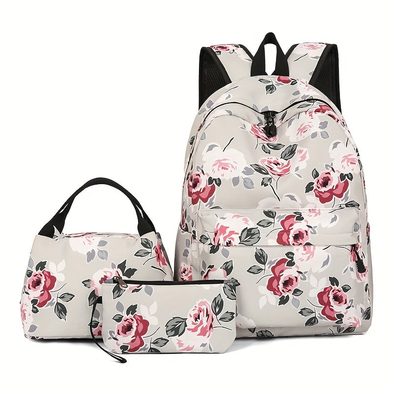 3-Piece Set Floral Fashion Backpack Collection - Stylish Student School Bag with Insulated Lunch Zipper Handbag & Detachable Zipper Clutch Bag for Girls and Women