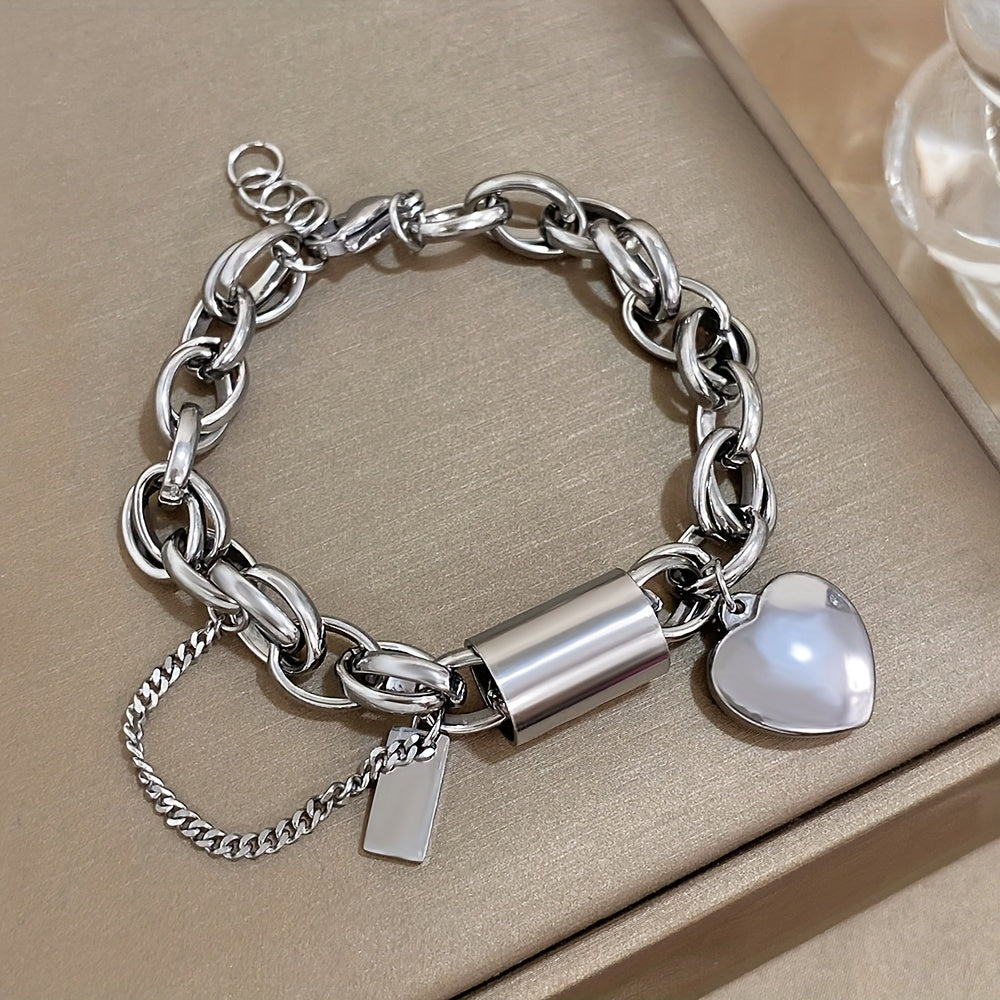 Punk Chunky Golden Color Thick Chain Stainless Steel Bracelets Fashion Design Heart Love Pendant Wrist JewelryNew Year's Gifts Valentine's Day Gifts