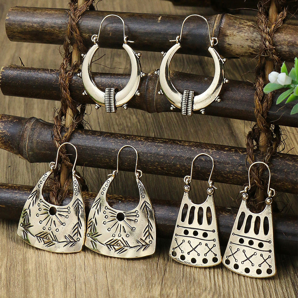 Boho Hollow Dangle Earrings - Vintage Ancient Silver U-Shaped Jewelry for Women