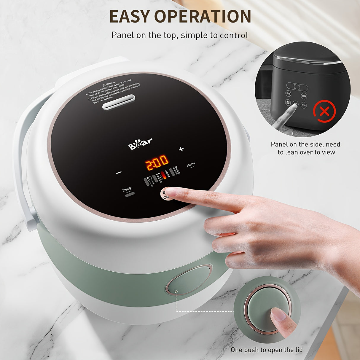 Bear Rice Cooker 3 Cups (Uncooked), 3D Heating And Fuzzy Logic, Healthy Nonstick Small Rice Cooker, PFAS-Free, Touch-Screen, For White/Brown Rice Quinoa Oatmeal Soup, 1.6L White