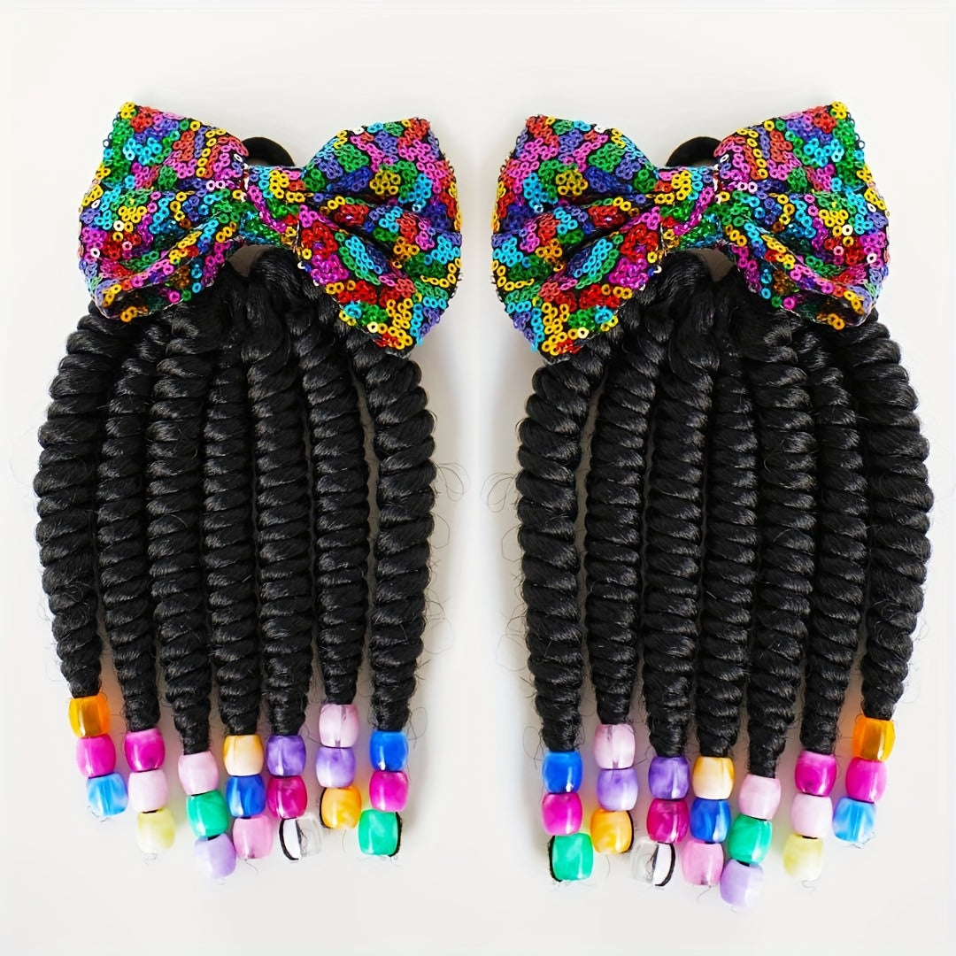 2pcs Delicate Kids Ponytail Extensions, Braids With Beads, Sweet Hair Extension With Elastic Tie, Twist Ponytails With Hair Bows Butterflies, Cute Pigtail, Beautiful Wig For Girls Casual Leisure Party Supplies, Gift Stage Per