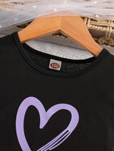2pcs Girls Daily Casual Heart Print Crew Neck Sleeveless Top & Bow Shorts With Belt For Summer Kids Clothes