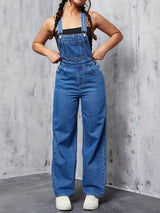 Womens Overalls Denim Straight Plain Washed Blue Jeans Overall Loose Fit Jean Jumpsuits Adjustable Straps