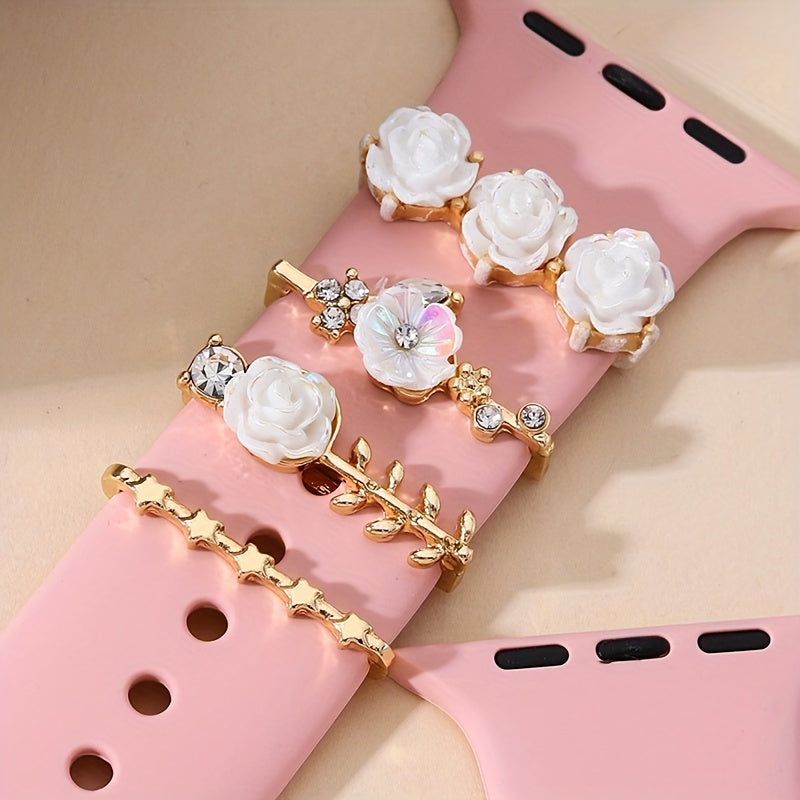 4 Pcs Elegant Flower Shaped Rhinestone Watch Band Charms - Decorative Clips in Golden Zinc Alloy with Cute Style - Perfect Accessories for Women's Watches