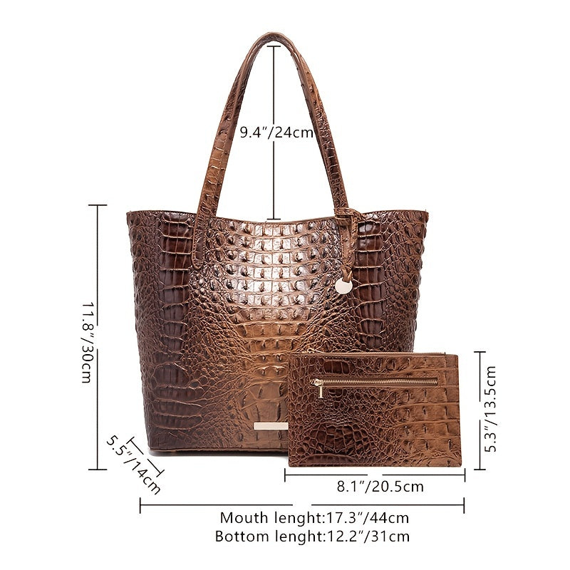 Crocodile Embossed Tote Bag Set, Elegant Shoulder Bag With Clutch Purse, Women's Office & Work Handbag