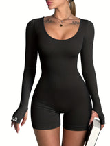 [Long Sleeve Workout Rompers] OQQ Women Yoga Rompers Ribbed Workout Long Sleeve Round Neck Exercise Jumpsuits Rompers