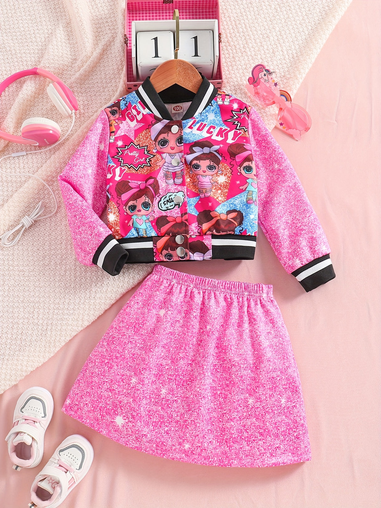 Girls' 2pc Splicing Long Sleeve Varsity Jacket & Skirt, Sequin Effect Outfits Kids Clothes For Spring Fall Party