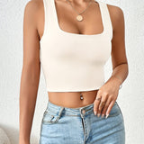 Chic Square Neck Crop Top for Women - Versatile, Medium Stretch, Non-Sheer Casual Wear, Perfect Year-Round Fashion