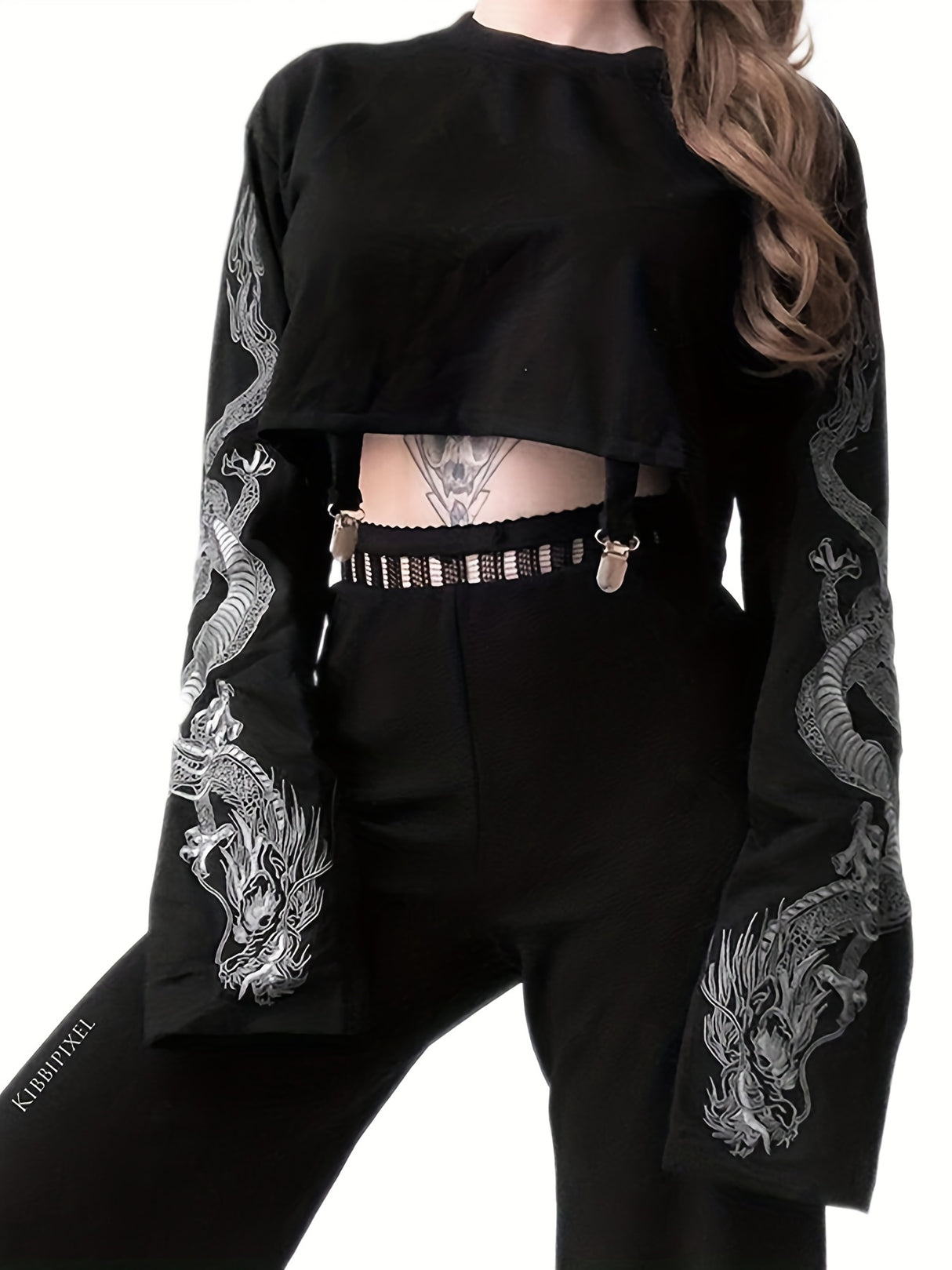 Women Long Sleeve Crop Tops Chinese Dragon Print O Neck Punk T-Shirt Girls Fashion Casual Hip Hop Pullover