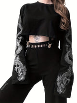 Women Long Sleeve Crop Tops Chinese Dragon Print O Neck Punk T-Shirt Girls Fashion Casual Hip Hop Pullover