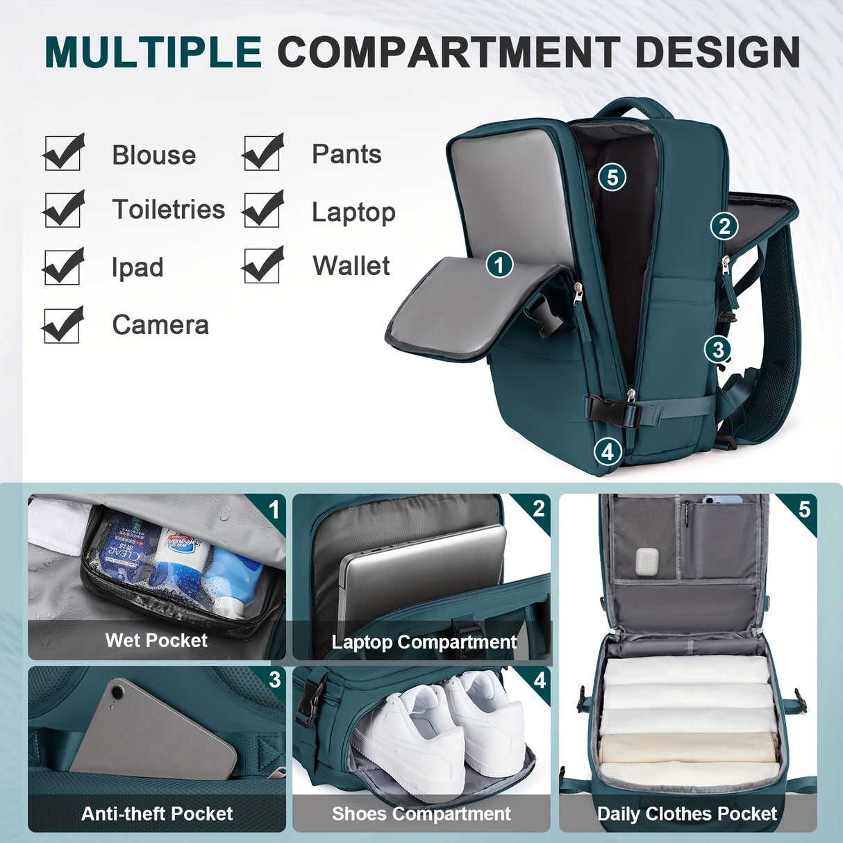 Large Waterproof Anti Theft Carry On Backpack, HYCOO Travel Rucksack For Men and Women, Hiking School Book College Bag with Shoe Compartment Laptop Canvas Brevite Backpack