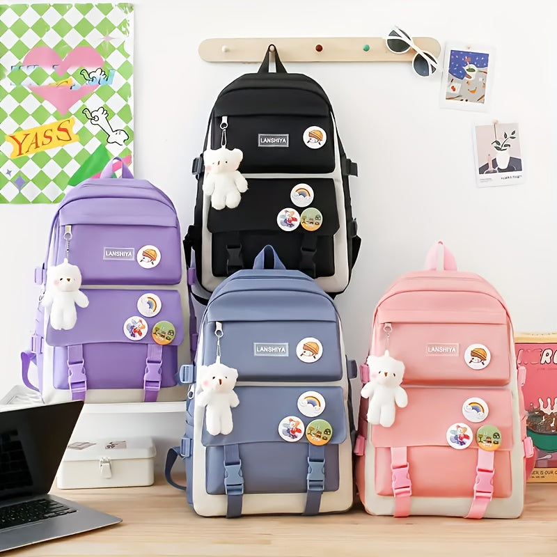 5pcs LANSHIYA Canvas Backpack Set - Solid Color, Casual Travel & School Bag with Messenger Bag, Large Capacity, Zipper Closure, Polyester Lining, Hand Wash/Dry Clean Care