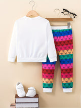 Toddler Girls 2pc Bear Print Crew Neck Sweatshirt & Rainbow Stripped Jogger Pants Kids Clothes For Fall outdoor Sports