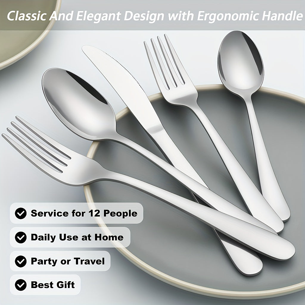 60/90pcs Stainless Steel Tableware, Western Dining Silverware, Steak Knife, Salad Fork, Coffee Dessert Spoons, Cutlery Set with Gift Box for 12 Persons, Dishwasher Safe, Kitchen Accessories,Halloween,Weddings