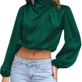 Women Satin Blouses Dressy Cowl Neck Long Sleeve Crop Tops