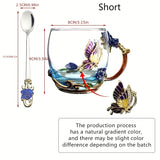 1pc Delicate Rose Enamel Butterfly Painted Clear Glass Tea Cup Coffee Mug Tumbler with Spoon Set - Lead-Free, Reusable, Hand Wash Only, Round Shape, Multipurpose, Perfect for Valentines Day Gift