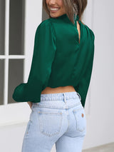 Women Satin Blouses Dressy Cowl Neck Long Sleeve Crop Tops