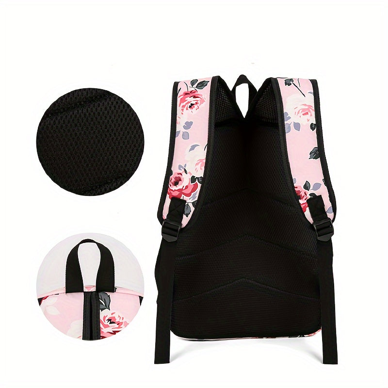 3-Piece Set Floral Fashion Backpack Collection - Stylish Student School Bag with Insulated Lunch Zipper Handbag & Detachable Zipper Clutch Bag for Girls and Women