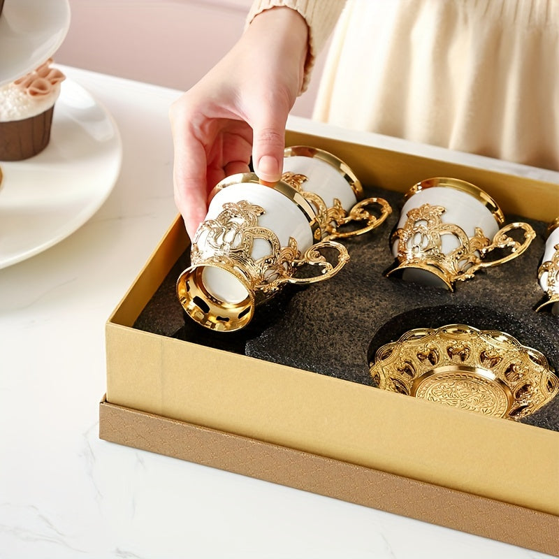 Sakura Train Set, Turkish Arabic Coffee Cups And Saucers, Espresso Cups With Saucer Plates And Spoons, Ceramic Tea Sets With Gift Box, 2.8 OZ (Golden)
