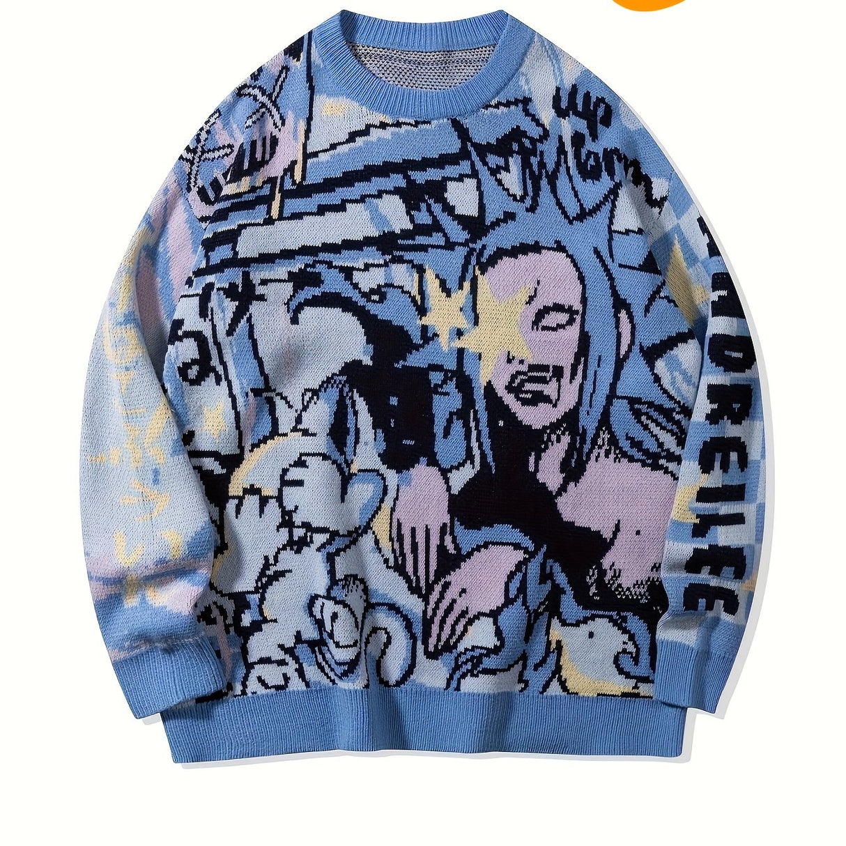 ANDREILEE Street Style Knit Pullover Sweater for Men - Crew Neck, Long Sleeve, Cartoon Pattern, Viscose Blend, Medium Stretch, Regular Fit, Casual Hip-Hop Fall/Winter Knitted Jumper - For Men - Suitable for Fall/Winter - Perf